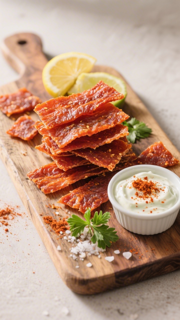 Final dish top view: Overhead shot of a rustic wooden board with a neat stack and scattered pieces o