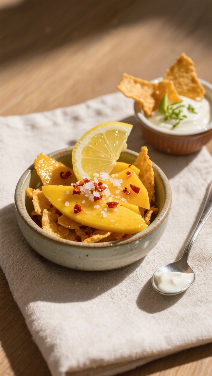 Final dish top view: Overhead shot of a small ceramic bowl brimming with glossy, golden mango chips,