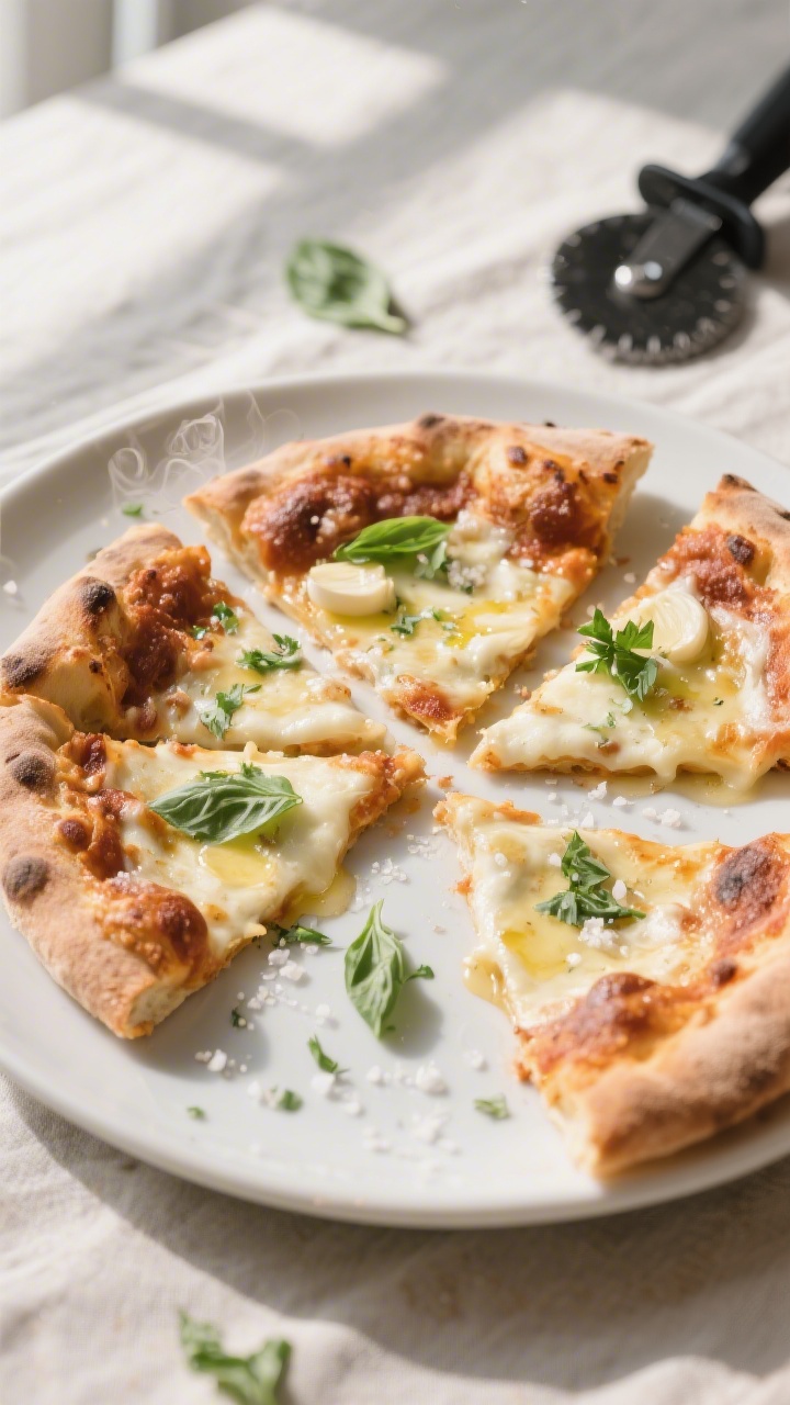 Final plated beauty: Sliced air-fried margherita-style pizza on a matte white plate, slices slightly