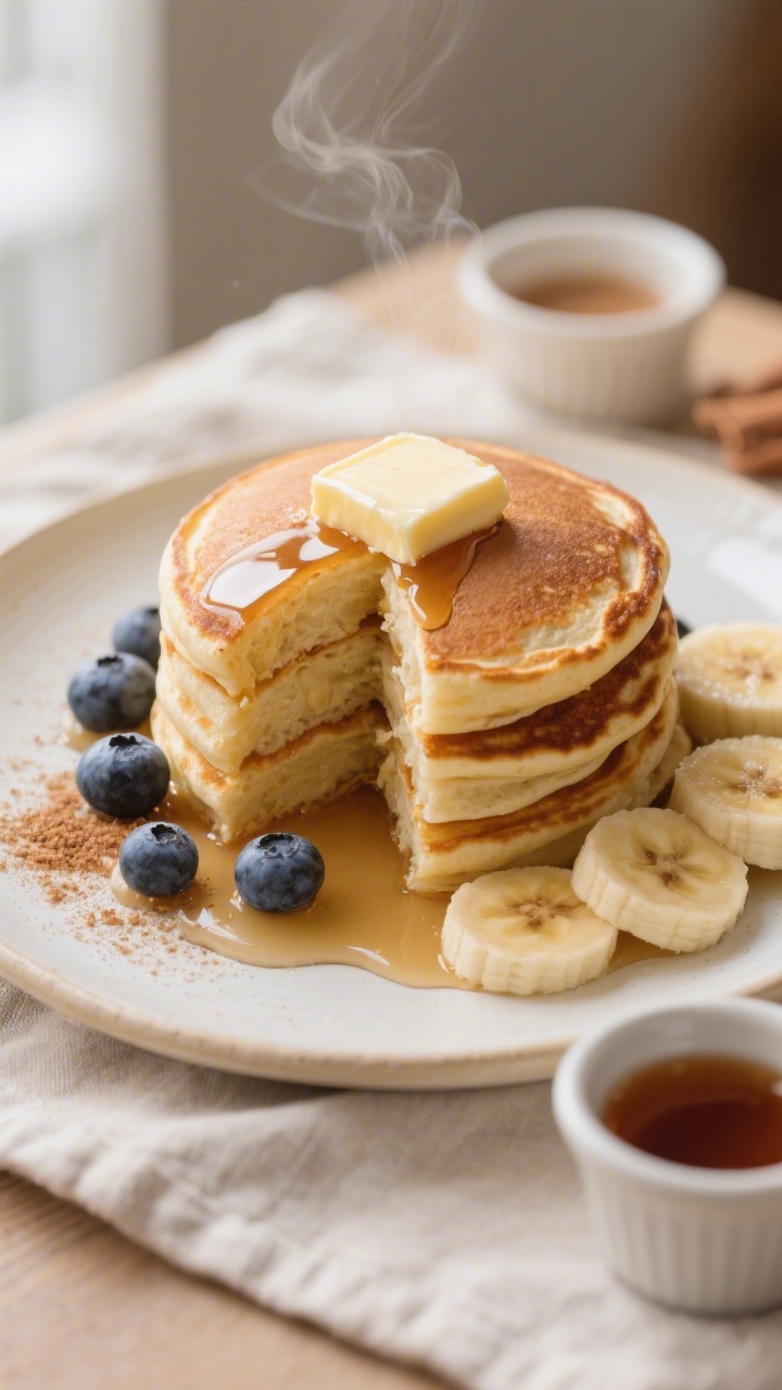 Final plated beauty: Stack of air-fried buttermilk pancakes on a warm white ceramic plate, crisped e