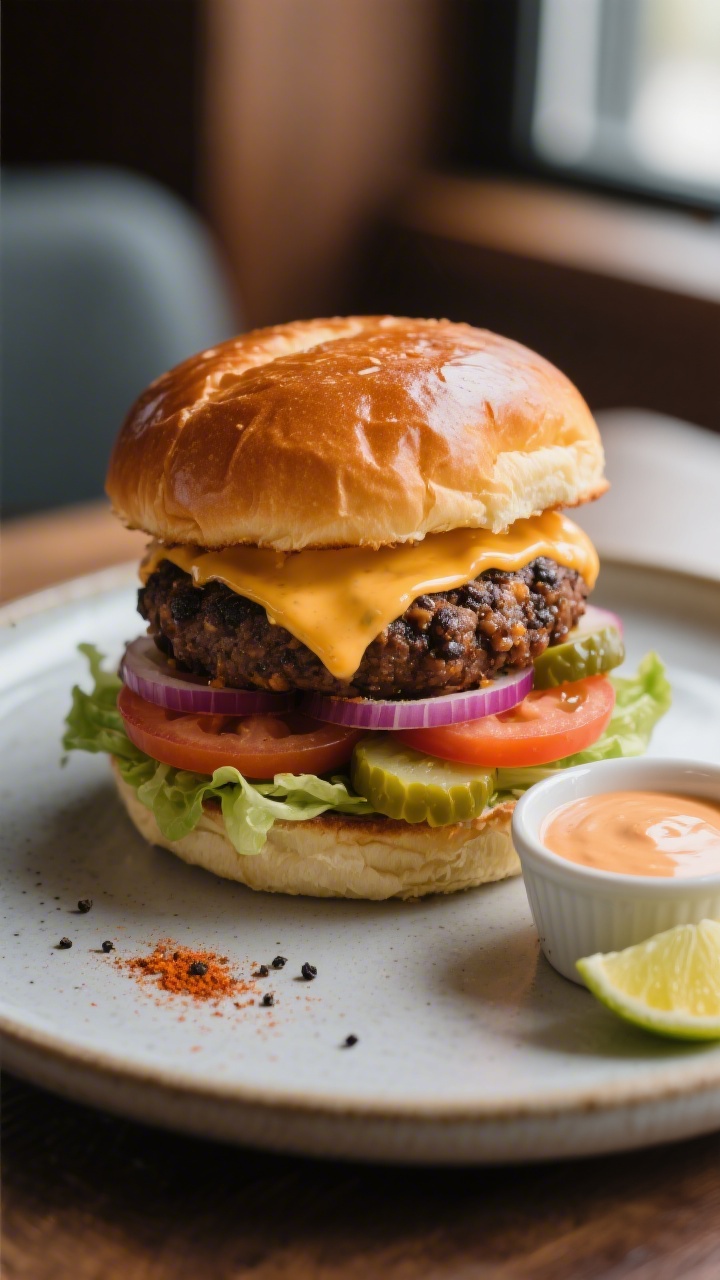 Final plated burger beauty shot: Restaurant-quality black bean burger stacked on a toasted brioche b