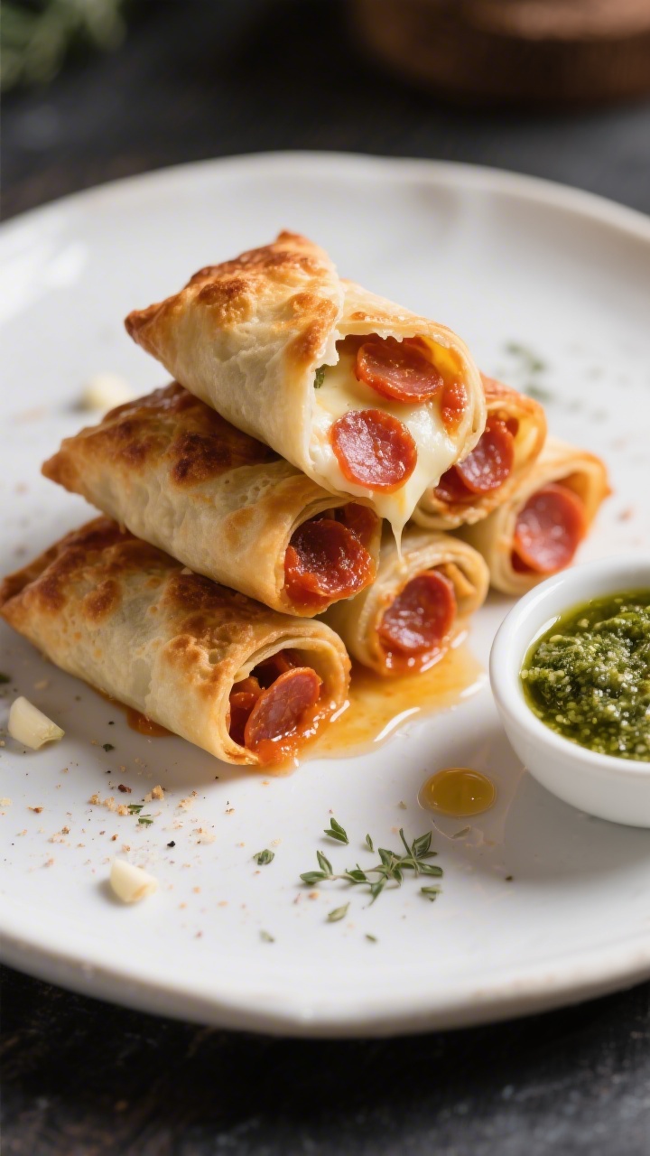 Final plated close-up: Restaurant-quality presentation of homemade pepperoni pizza rolls made with w