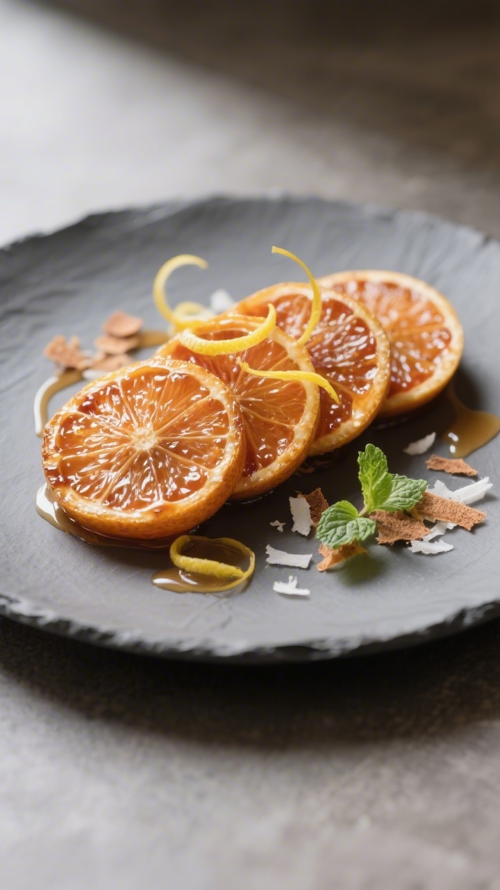 Final plated dessert presentation: beautifully arranged caramelized grapefruit rounds on a slate-gra