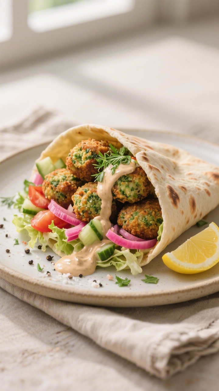 Final plated dish beauty: Crispy air-fried falafel piled into a warm pita wrap, cut open to reveal t