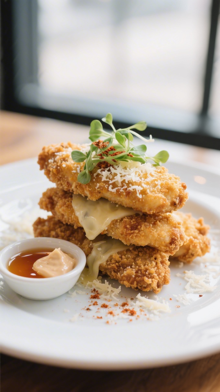 Final plated dish: Restaurant-quality presentation of air-fried chicken tenders stacked on a white c