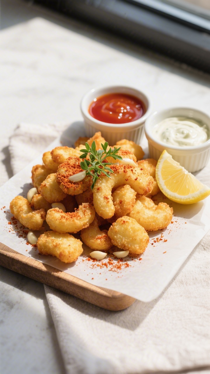 Final plated dish: Restaurant-quality presentation of air-fried cheese curds piled on a small parchm