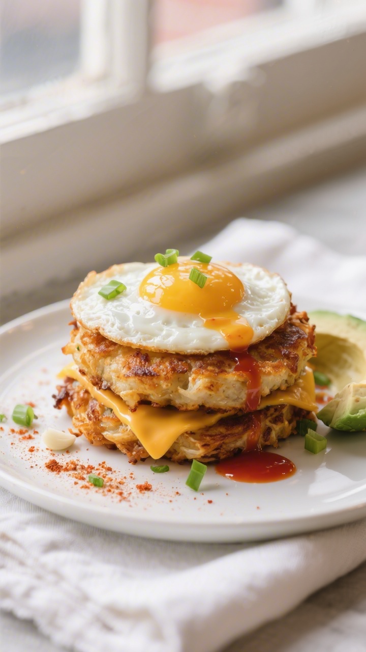 Final plated dish: Restaurant-quality presentation of a diner-style hash brown patty stack on a matt