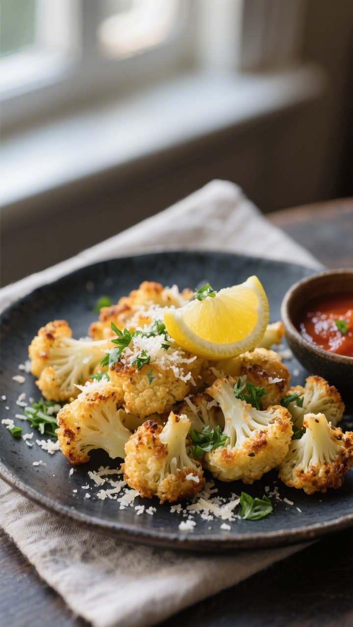 Final plated dish, restaurant-quality presentation: Herb and Parmesan variation of the cauliflower b