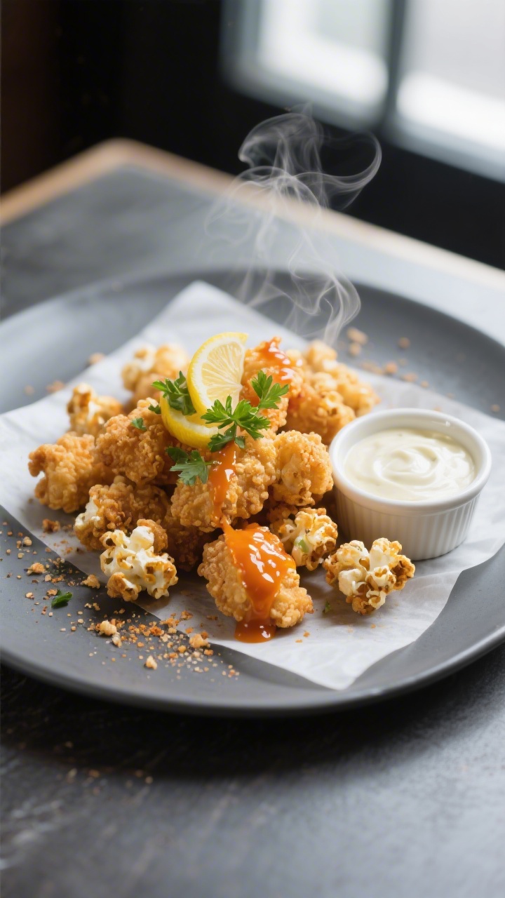 Final plated hero: Restaurant-quality presentation of popcorn chicken on a slate-gray plate with a p