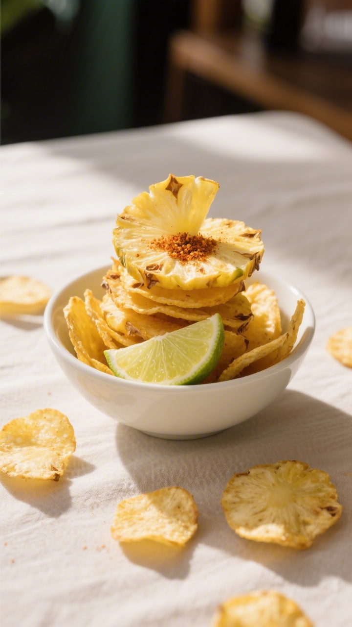 Final plated presentation: Beautifully arranged pineapple chips in a shallow white ceramic bowl, sta
