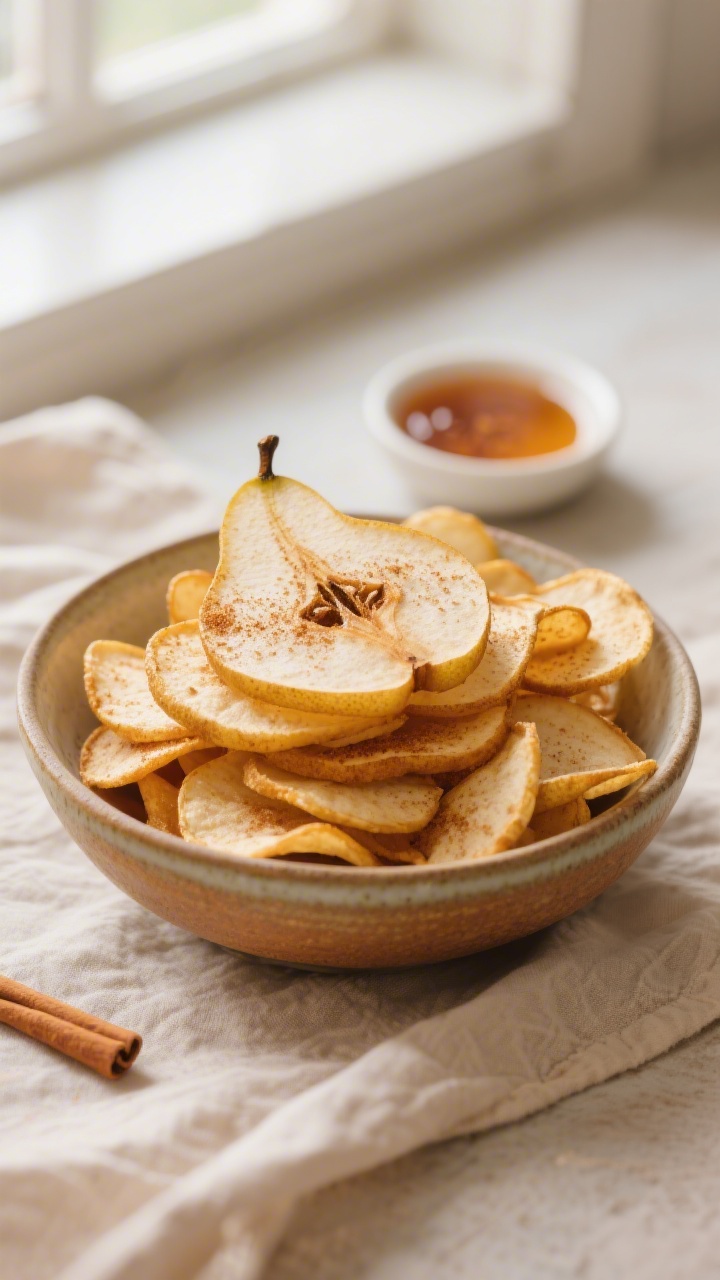 Final plated presentation: Beautifully styled bowl of air fryer pear chips served for snacking, stac