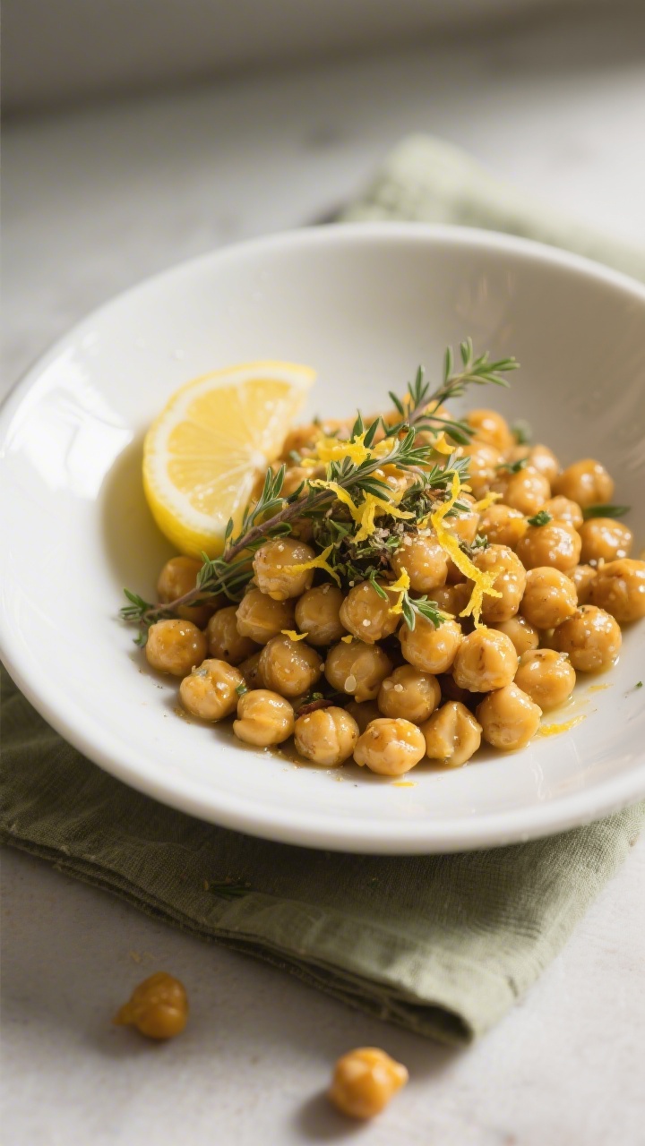 Final plated presentation: Lemon Herb air fryer chickpeas served in a wide, shallow white bowl, garn