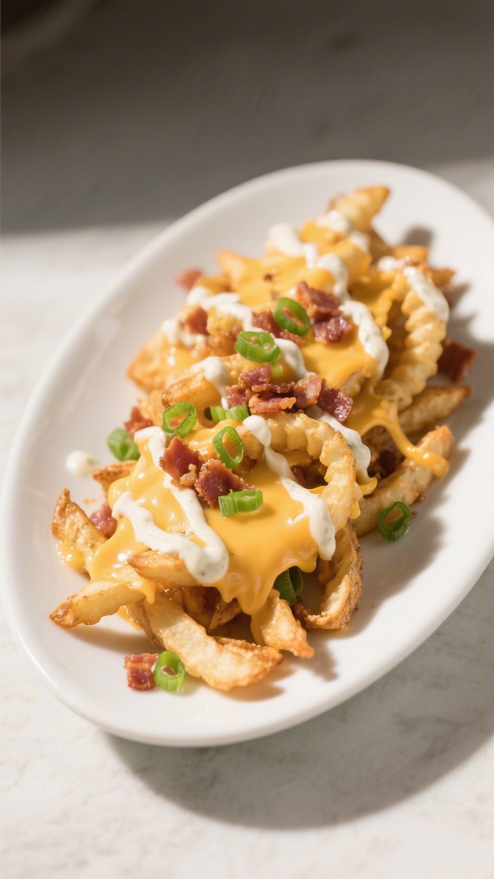 Final plated presentation: loaded curly fries styled on a wide white plate—melted shredded cheese
