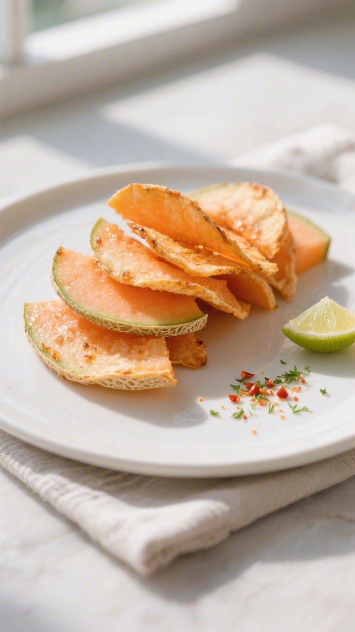 Final plated presentation of Air Fryer Cantaloupe Chips stacked and fanned on a matte white plate wi