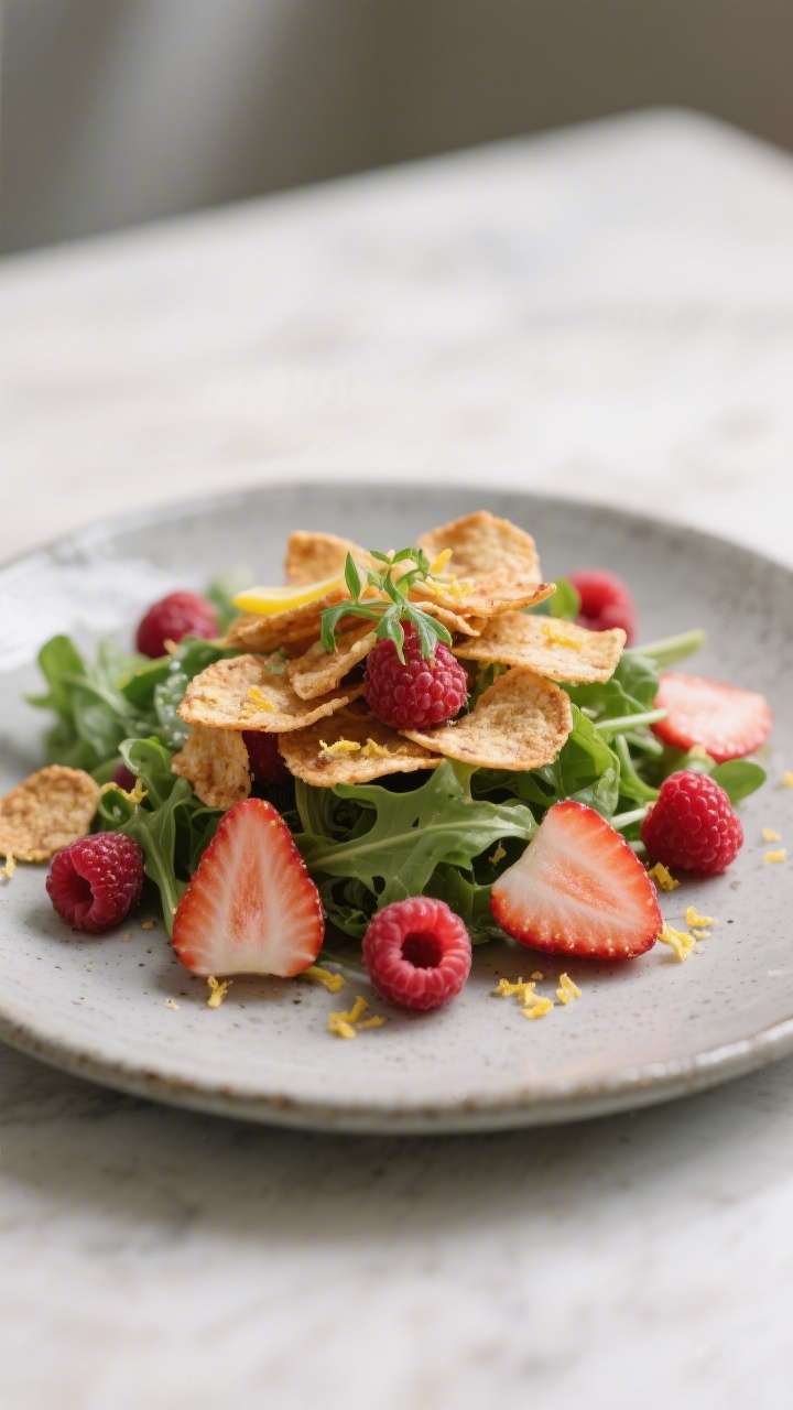 Final plated presentation of Air Fryer Raspberry Chips as a salad topper: a modern stoneware plate w