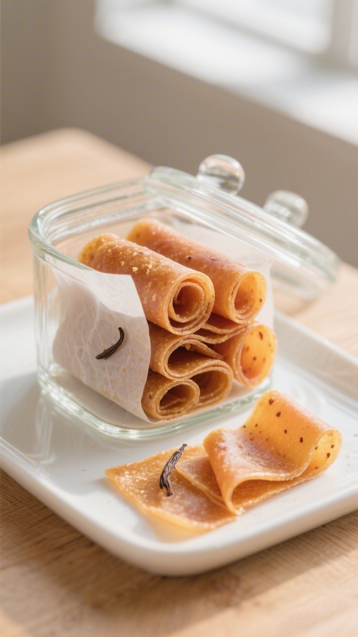 Final plated presentation: Peach vanilla fruit leather roll-ups stacked neatly in a low, lidded glas