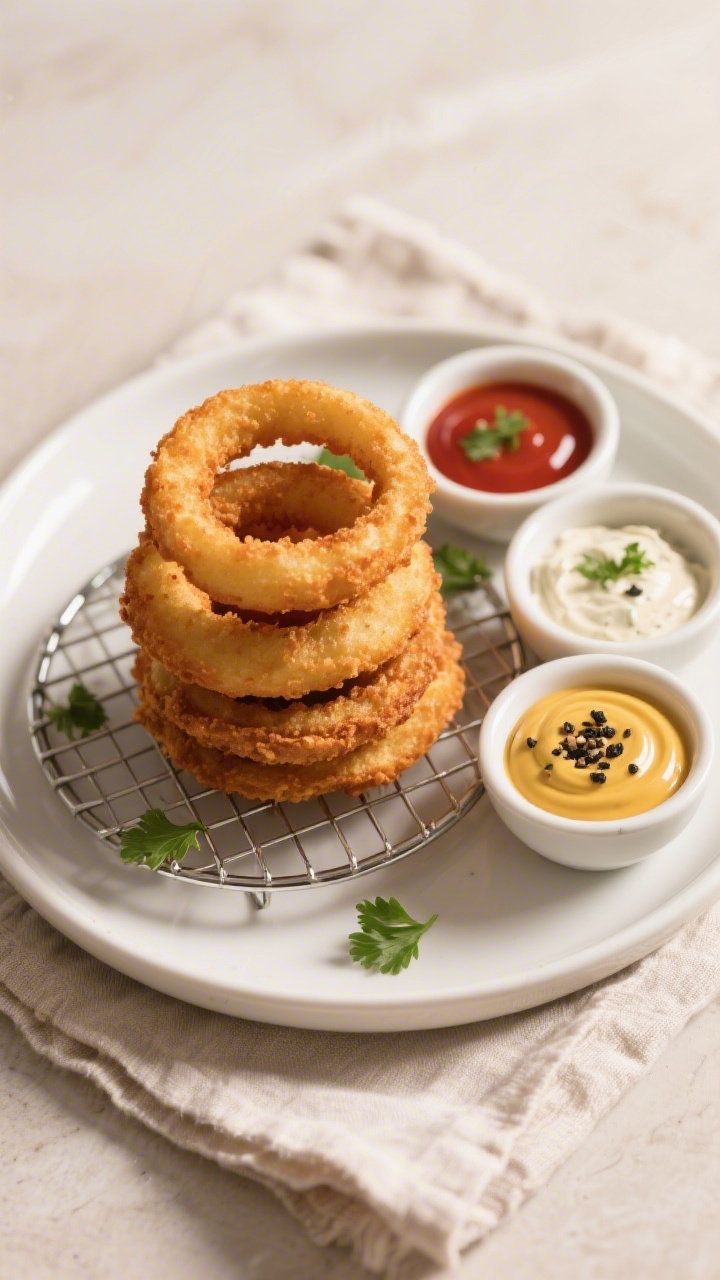 Final plated presentation: Restaurant-quality plate of air fryer onion rings stacked high on a white