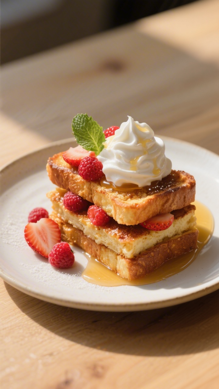 Final plated presentation: Restaurant-quality plate of French toast sticks styled “berry shortcake
