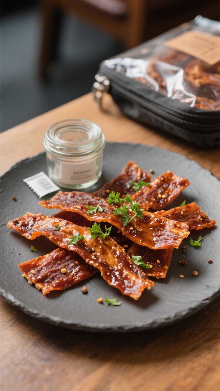 Final plated snack scene: Beautifully plated BBQ chicken jerky on a matte slate-gray plate, artfully