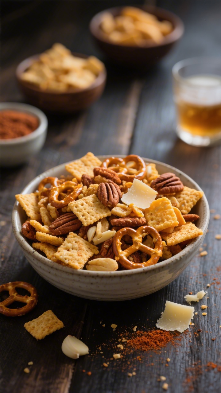 Final presentation beauty shot: Bowl of Air Fryer Chex Mix styled for servingâheaping ceramic bowl