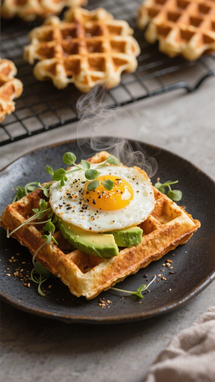 Final presentation hero shot of a savory waffle plate: thick Belgian waffle air-fried to a crisp she