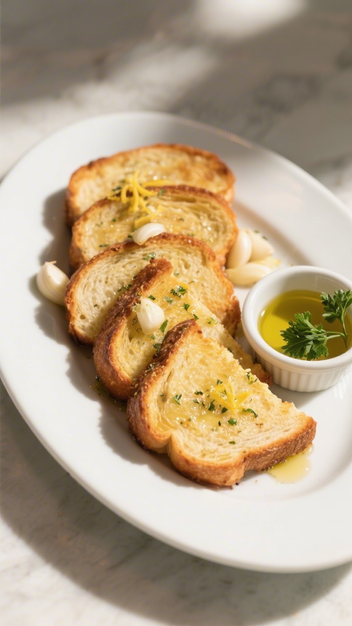 Final presentation: Restaurant-quality plating of thick Texas toast on a white oval platter, mix of