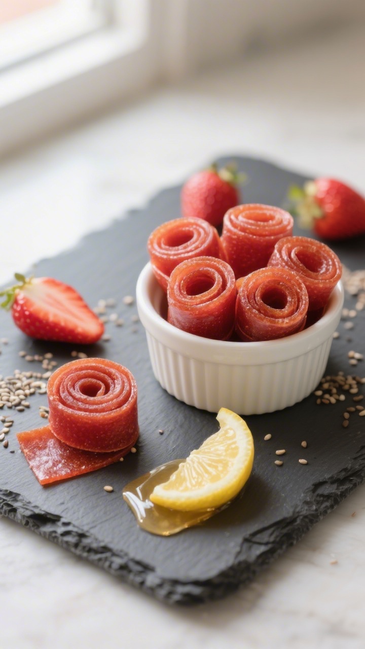 Final presentation shot of beautifully rolled strawberry fruit leather arranged in a small white ram