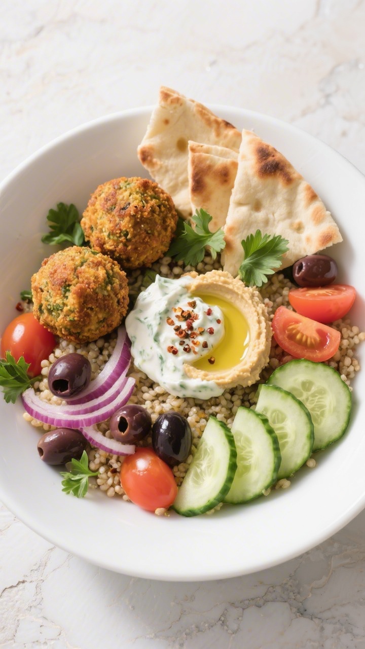 Overhead bowl shot: Mediterranean falafel bowl arranged top-down—quinoa base with sections of slic