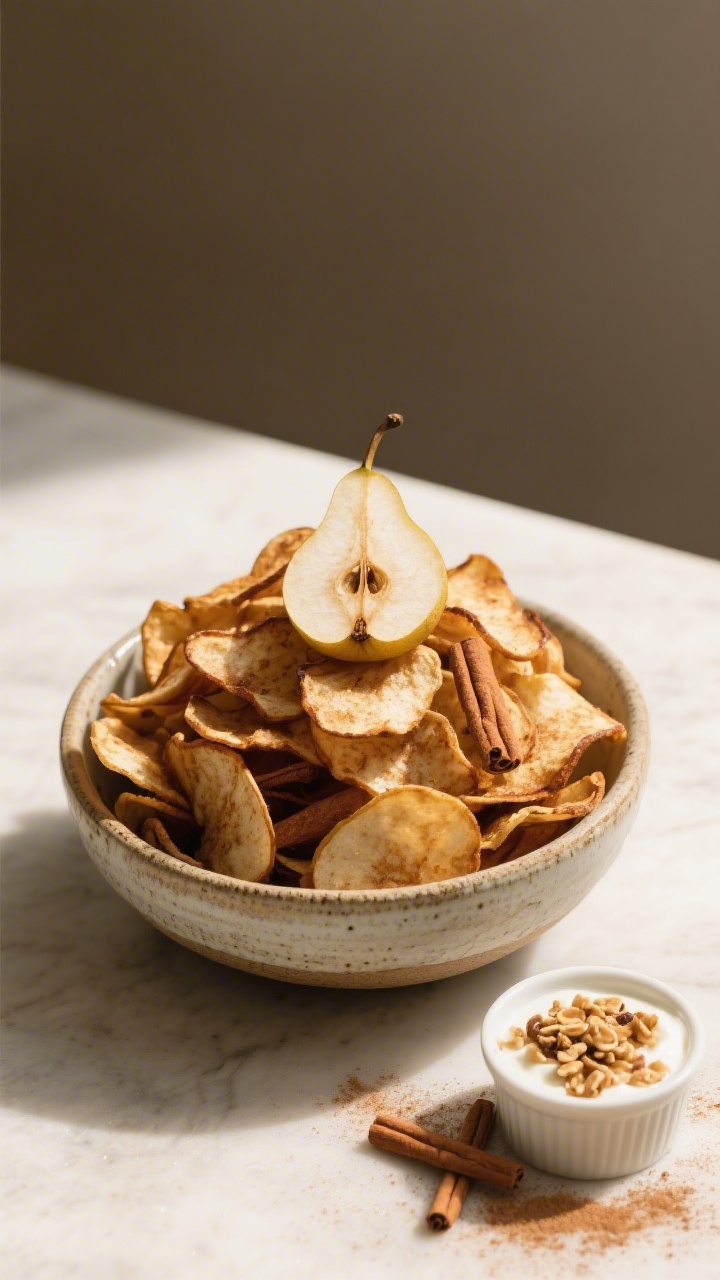 Overhead shot of a final serving: a rustic ceramic bowl piled high with air fryer cinnamon pear chip