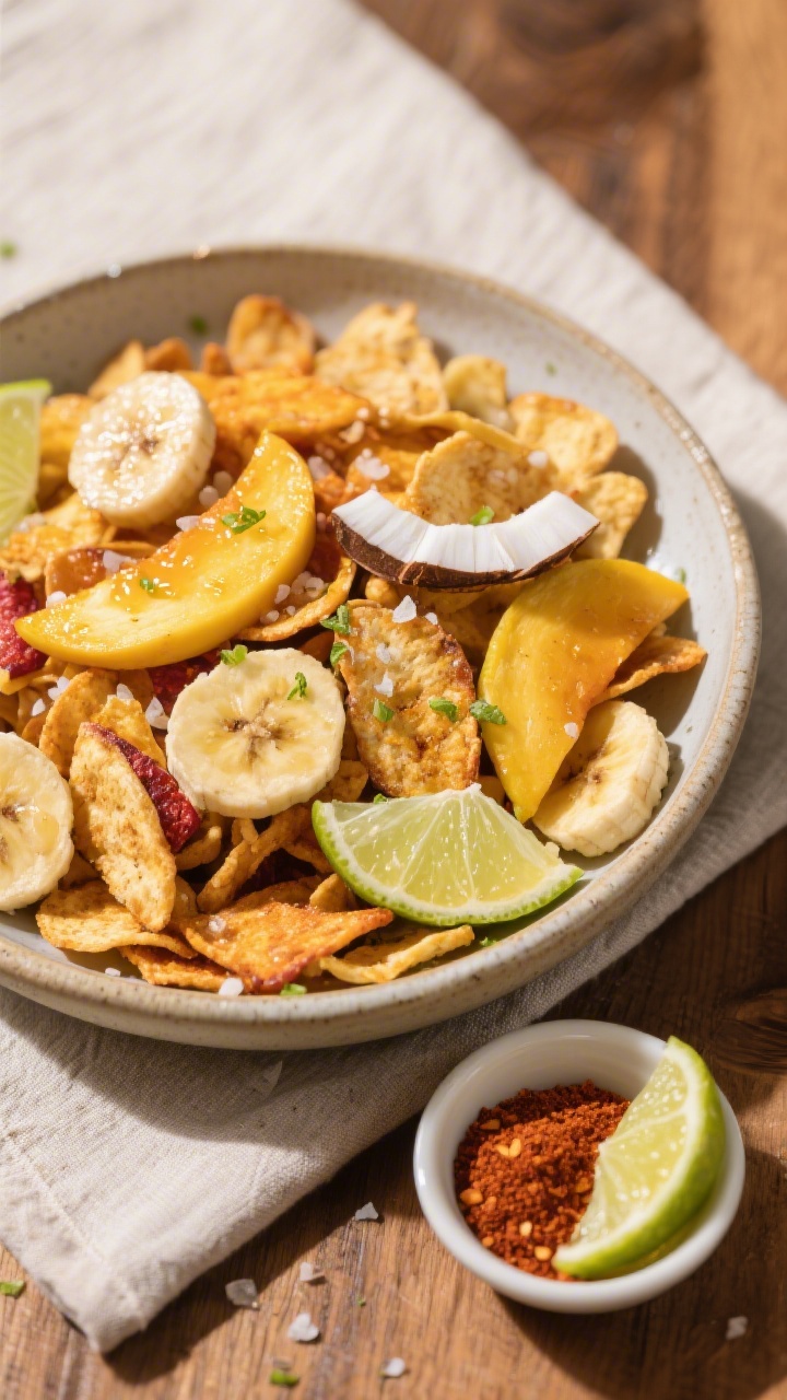 Overhead shot of a vibrant mixed fruit chip snack mix in a wide, shallow ceramic bowl: evenly dried
