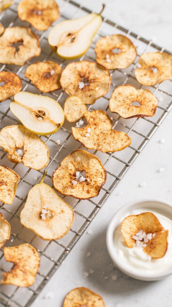 Overhead tasty top view: A neat spread of assorted pear chips (Bosc and Anjou) cooling on a wire rac