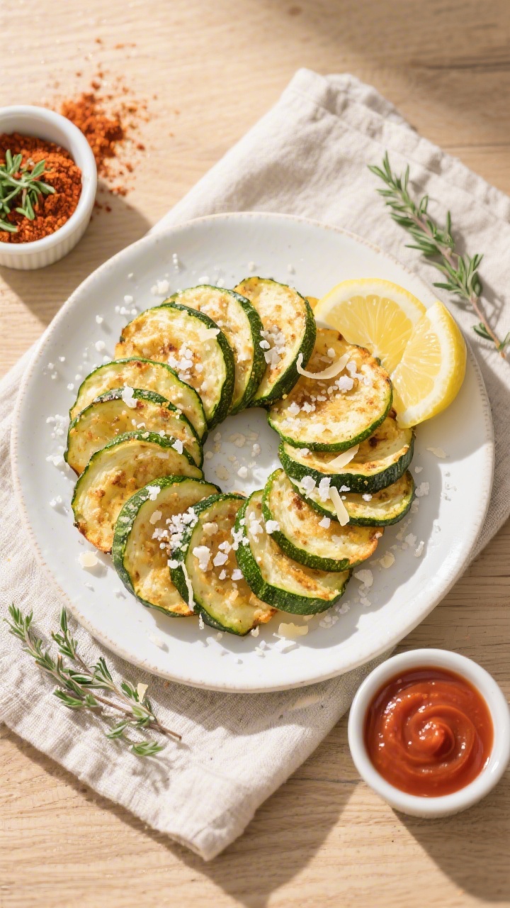 Overhead tasty top view: Air fryer zucchini chips arranged in a loose spiral on a white ceramic plat