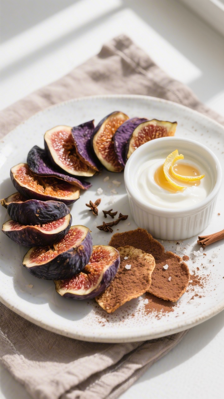 Overhead “tasty top view”: Final platter of assorted fig chips (Black Mission and Brown Turkey)