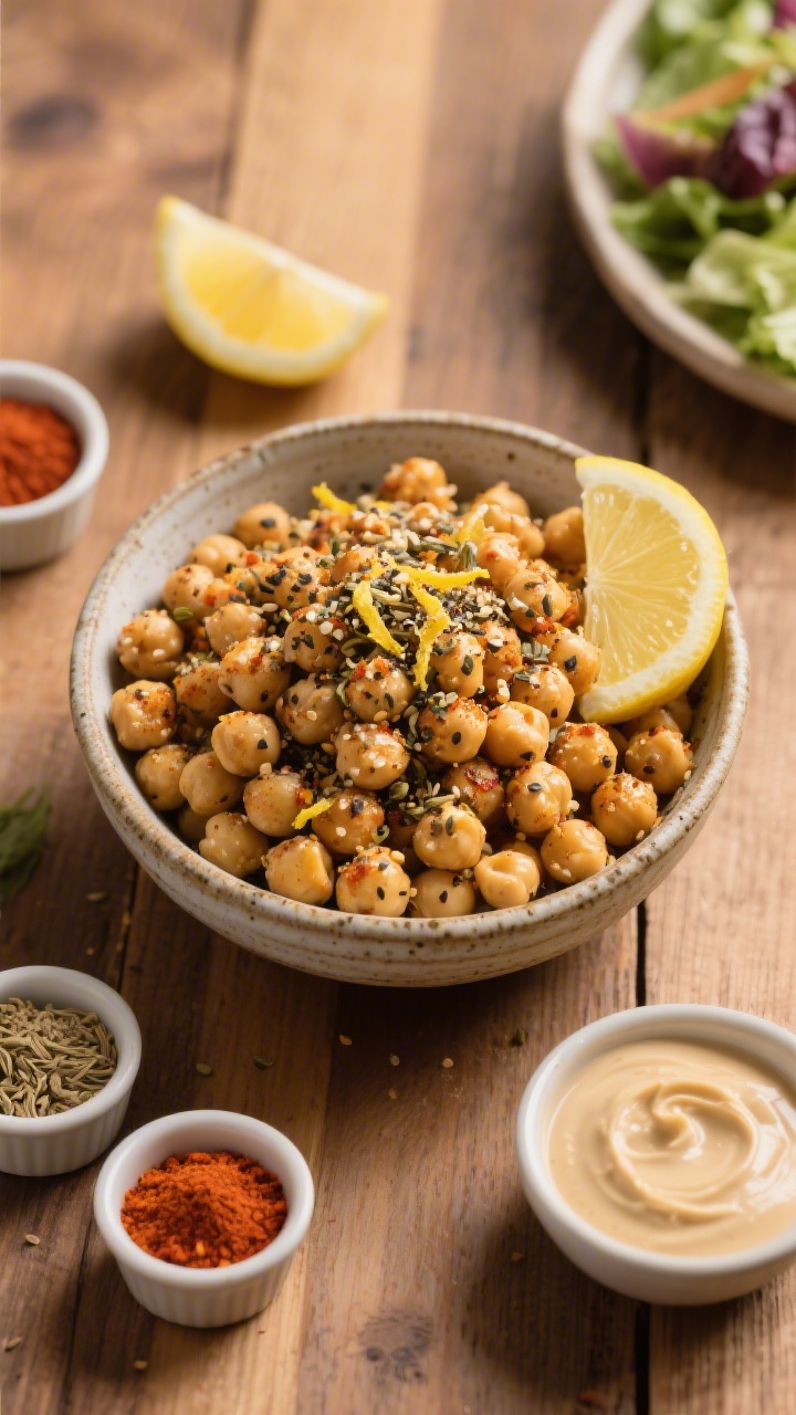 Overhead “tasty top view” of a bowl of seasoned air fryer chickpeas on a salad and snack spread:
