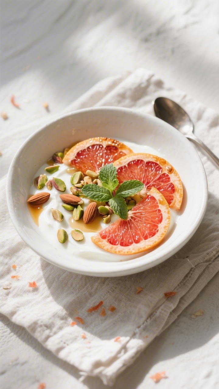 Overhead “tasty top view” of a breakfast bowl: warm caramelized grapefruit half-moons over thick