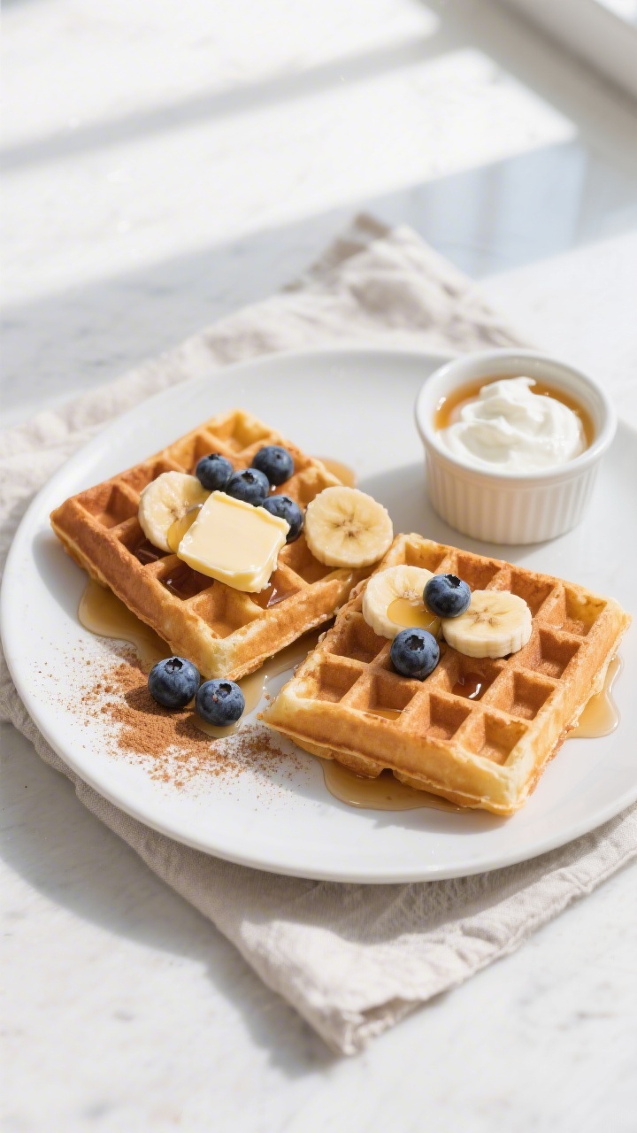 Overhead “tasty top view” of a breakfast plate featuring two classic frozen waffles air-fried to