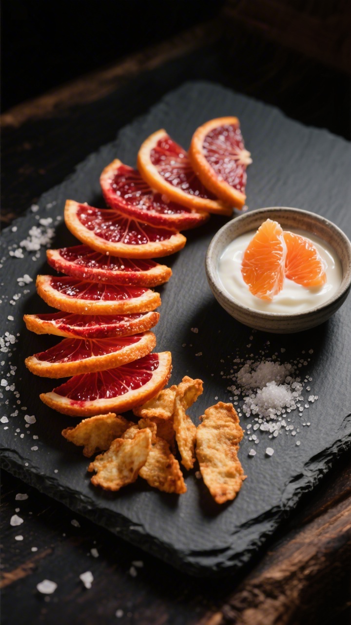 Overhead “tasty top view” of a final presentation: a dark slate board with a neat fan of air-fri