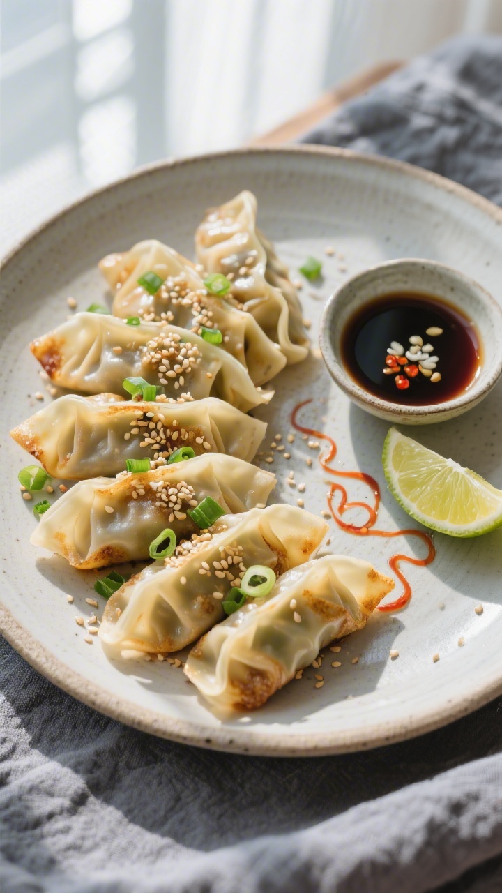 Overhead âtasty top viewâ of a final serving plate: a fan of gyoza arranged flat-side out for ma