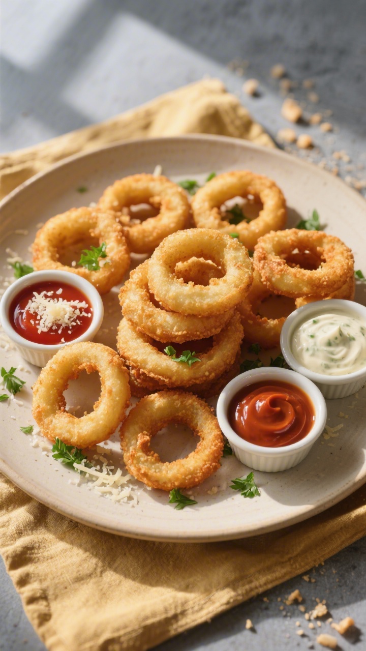 Overhead “tasty top view” of a final serving platter of air fryer onion rings arranged in a loos