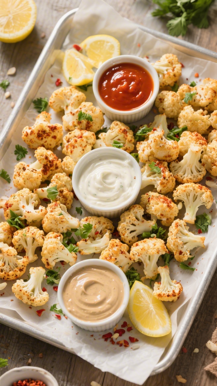 Overhead “tasty top view” of a game-day platter of air fryer cauliflower bites arranged in a sin