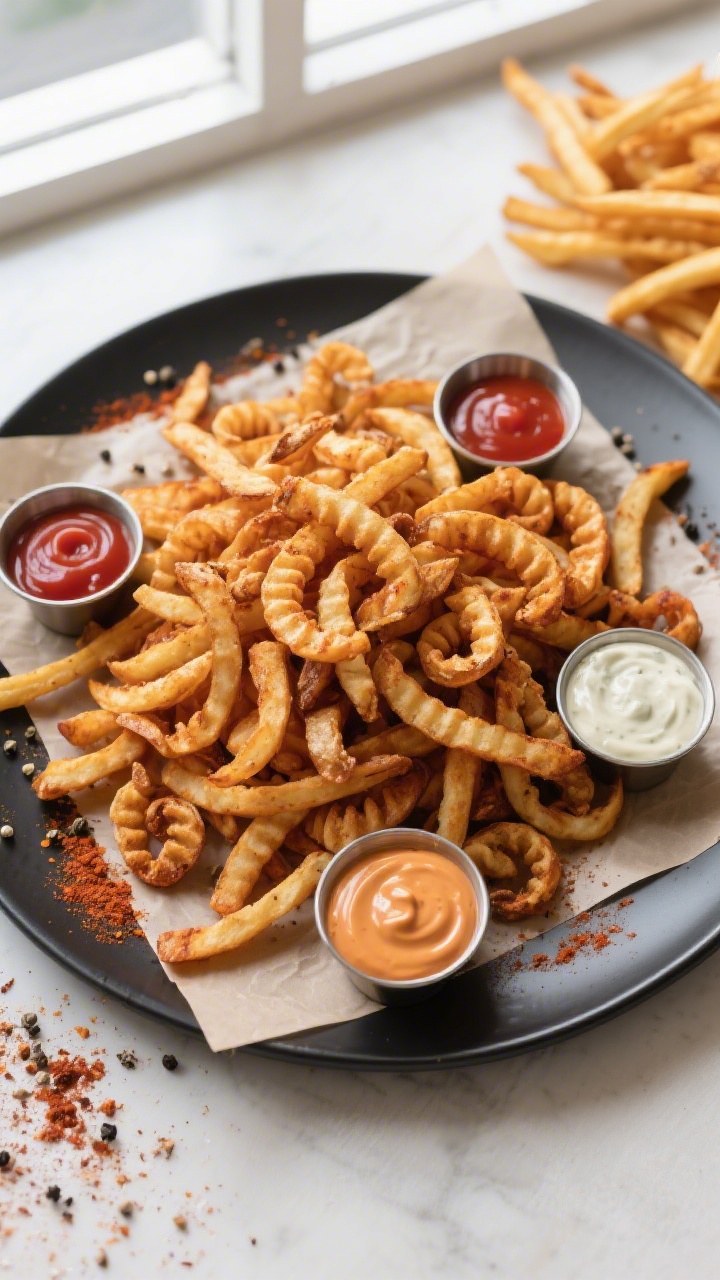 Overhead “tasty top view” of a generous pile of perfectly cooked curly fries on a parchment-line