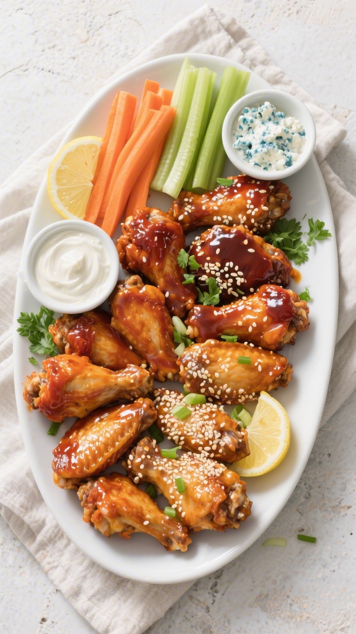 Overhead, tasty top-view of a large platter of sauced wings three ways for game day: glossy Buffalo,