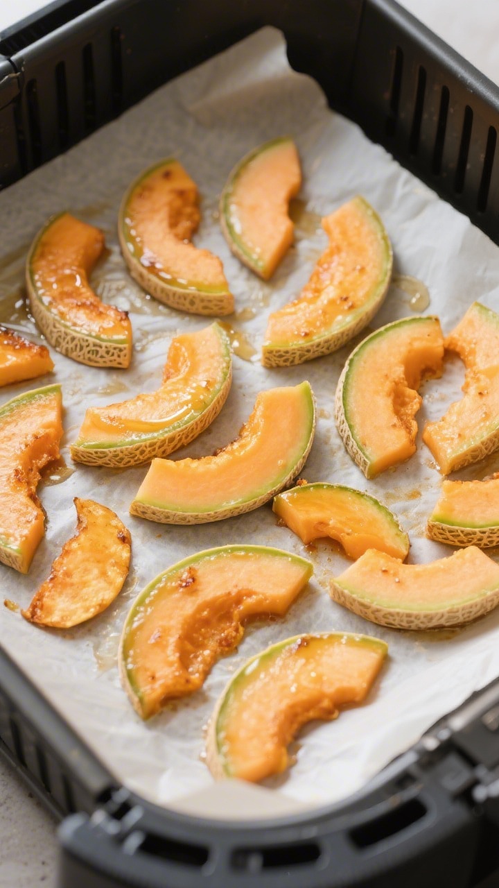 Overhead tasty top view of a parchment-lined air fryer tray filled with evenly spaced cantaloupe chi