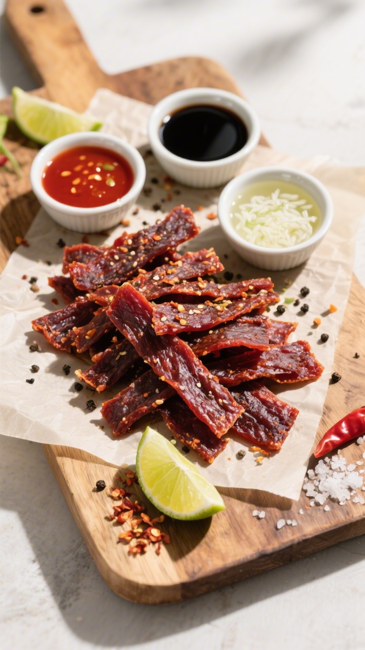 Overhead “tasty top view” of a rustic snack board presentation: a neat pile of dark, mahogany-re