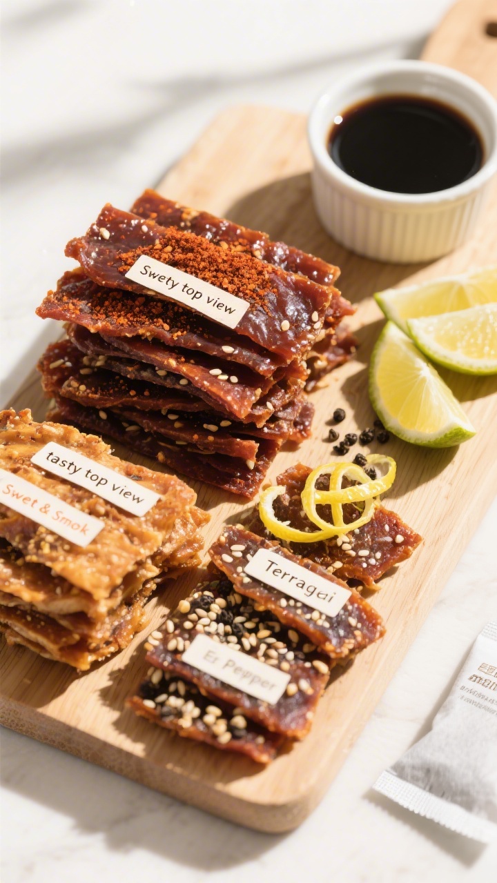 Overhead “tasty top view” of a small board piled with assorted flavors of chicken jerky (Sweet &