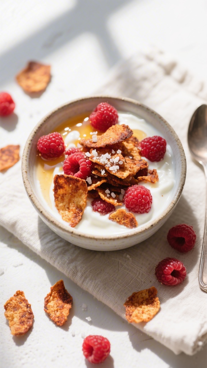 Overhead, tasty top-view of a small ceramic bowl filled with Air Fryer Raspberry Chips sprinkled ove