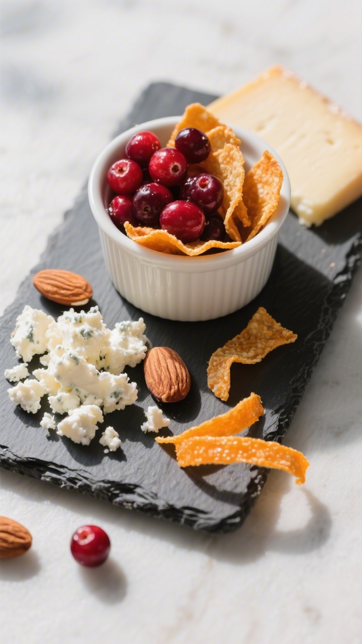Overhead “tasty top view” of a small slate board cheese snack spread featuring a ramekin filled