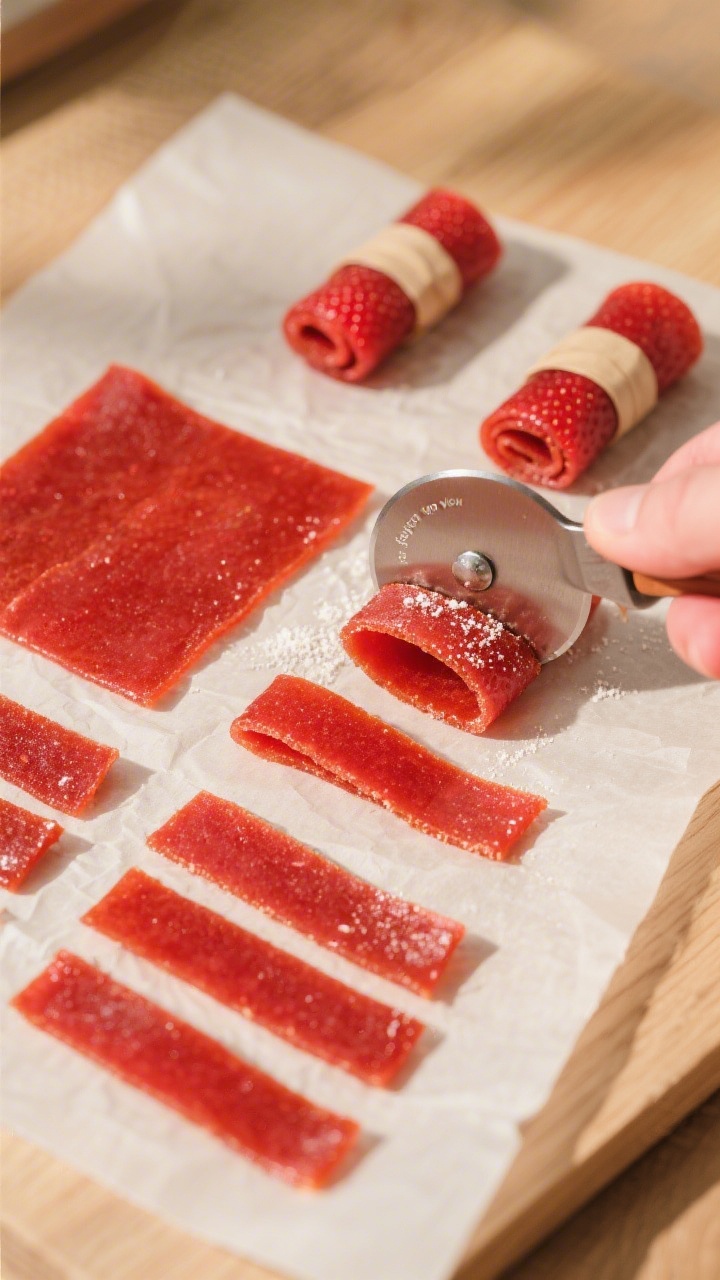 Overhead “tasty top view” of strawberry fruit leather being peeled cleanly off parchment and cut