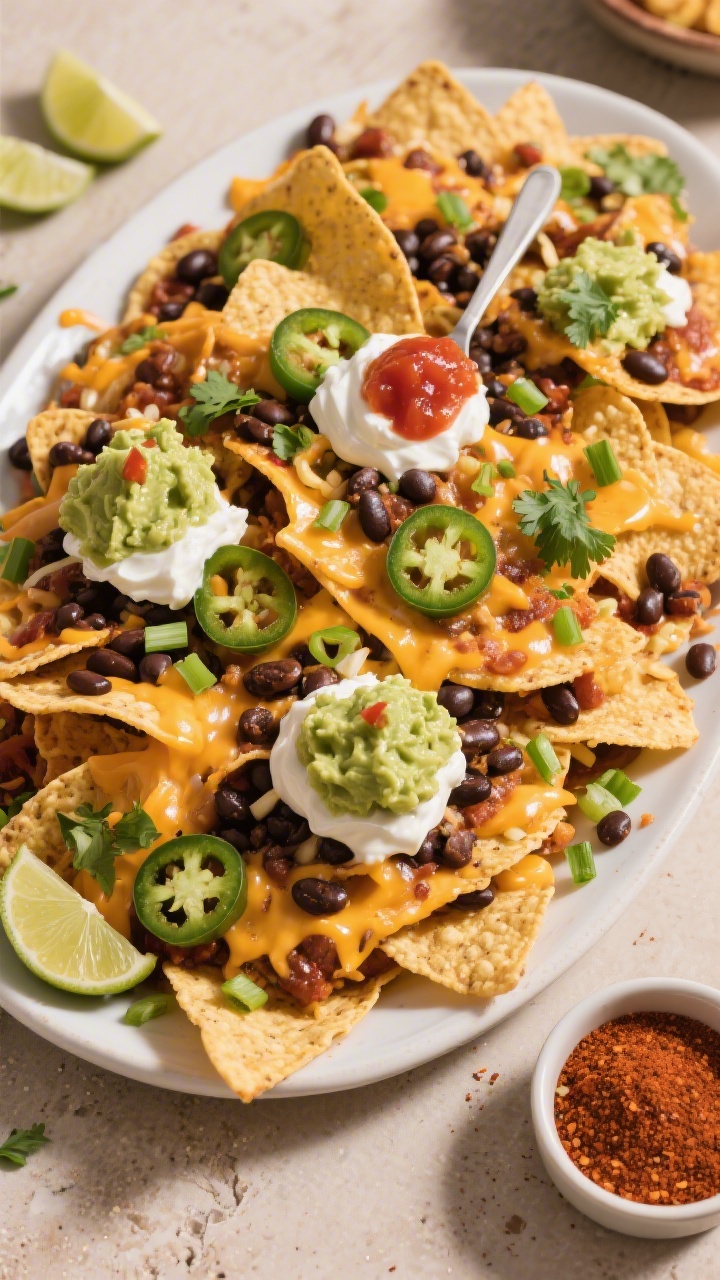 Overhead âtasty top viewâ shot: Big platter of loaded air fryer nachosâlayers of crisp corn ch