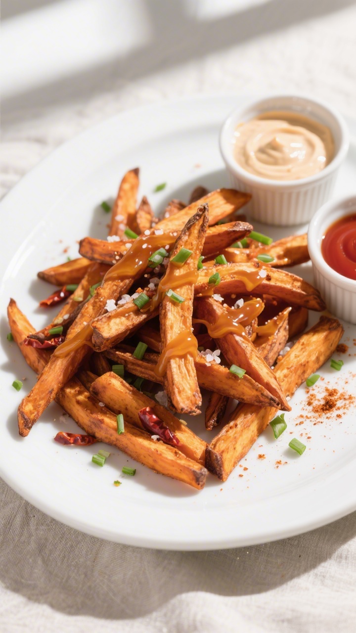Overhead “tasty top view” shot: Final plated Sweet and Spicy sweet potato fries on a wide white